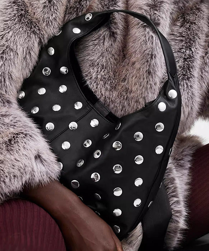 Handmade Fashion Black Rivet Faux Leather Tote Handbag