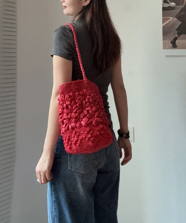 Handmade Floral Straw Woven Red Shoulder Bucket Bag