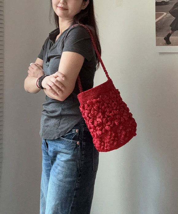 Handmade Floral Straw Woven Red Shoulder Bucket Bag