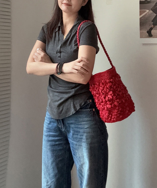 Handmade Floral Straw Woven Red Shoulder Bucket Bag