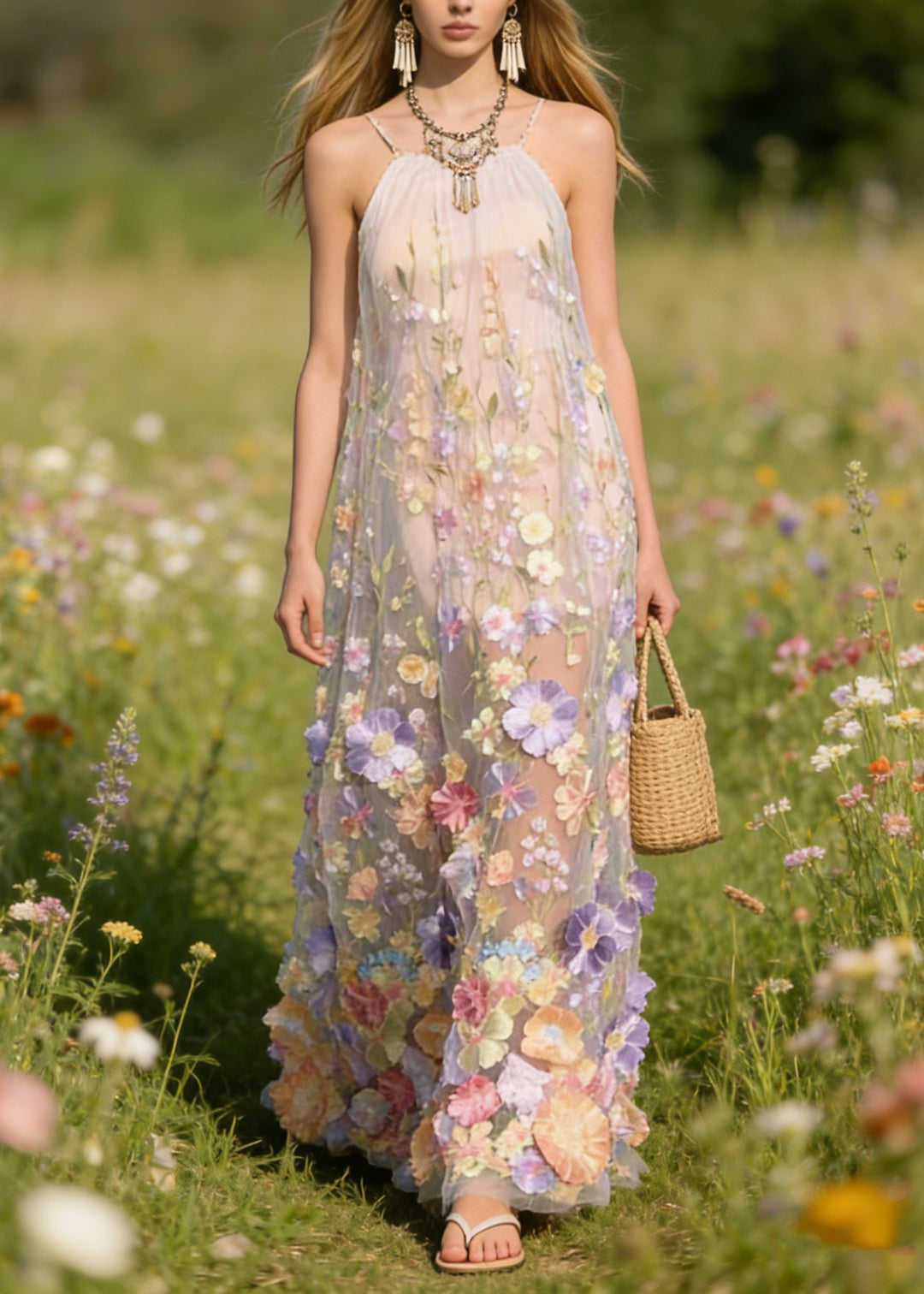 Handmade Floral Tulle Spaghetti Strap Dress Dresses Summer - Omychic