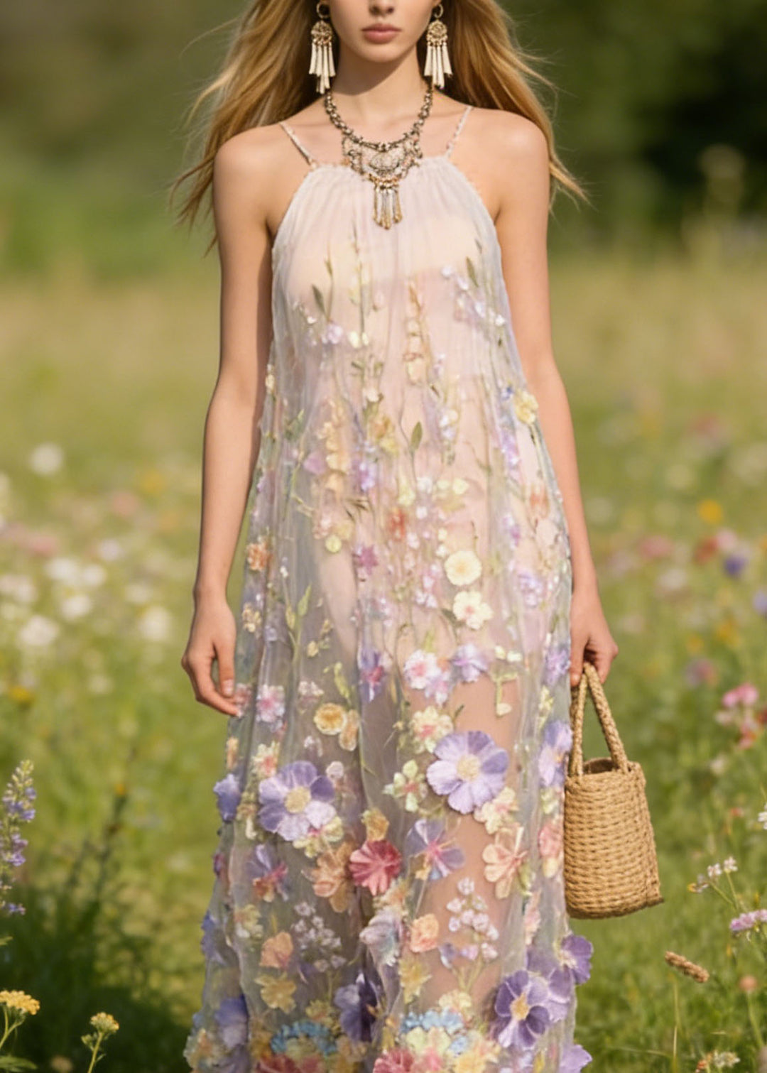 Handmade Floral Tulle Spaghetti Strap Dress Dresses Summer - Omychic