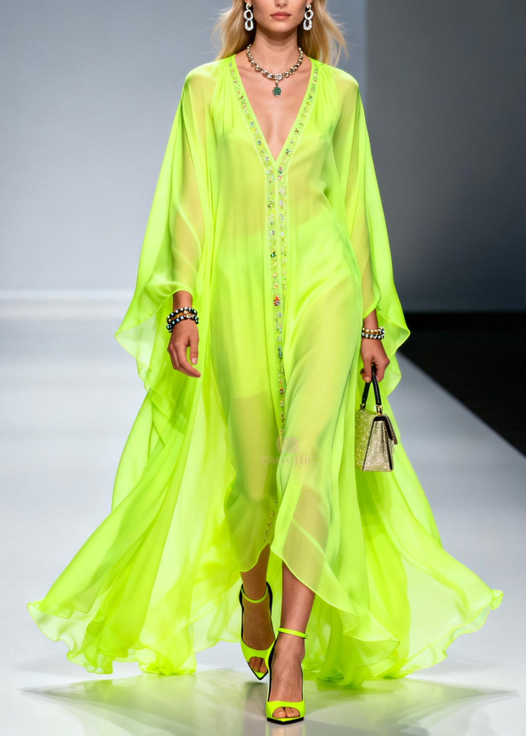 Handmade Fluorescent Green V Neck Zircon Chiffon Dress Spring