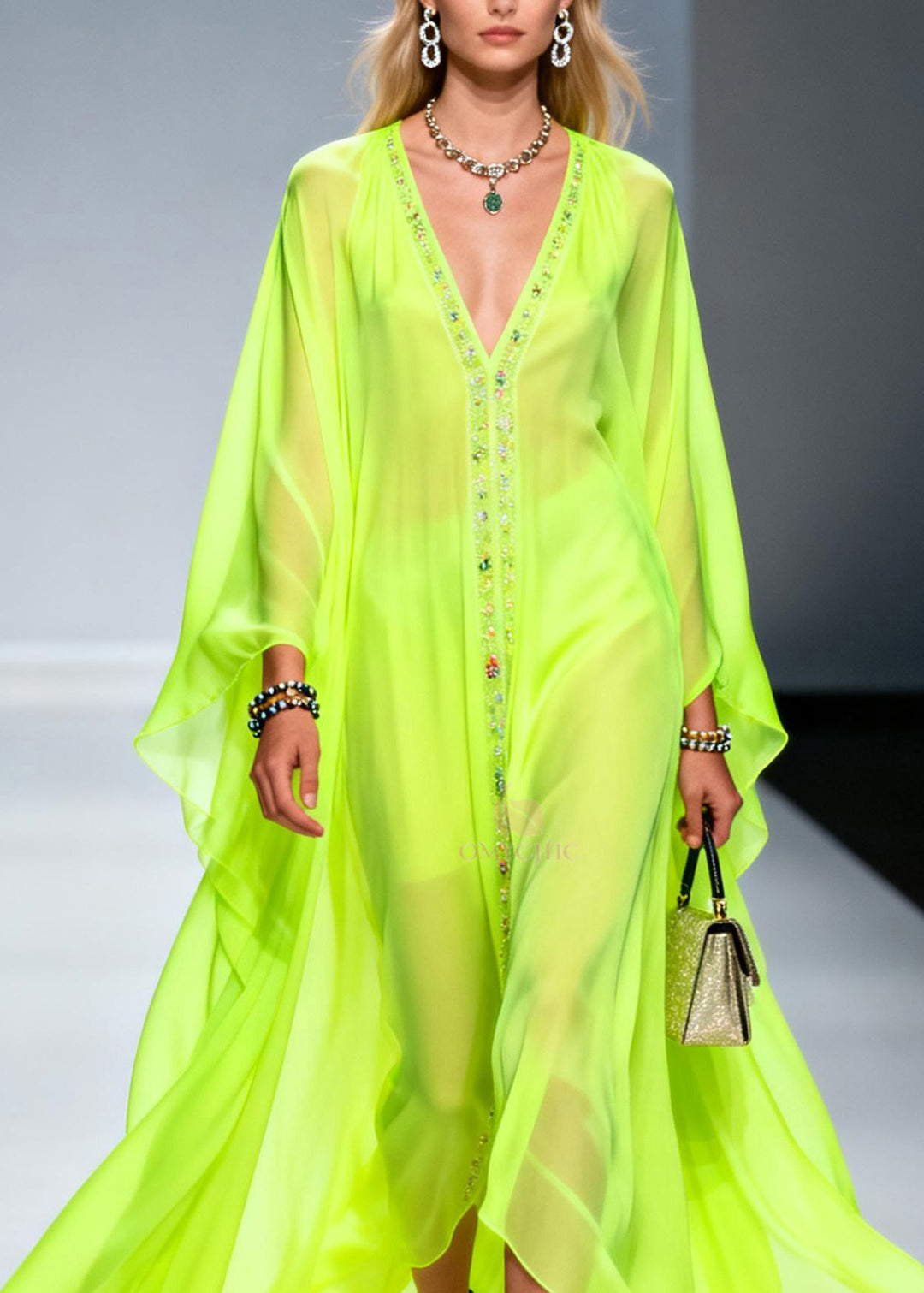 Handmade Fluorescent Green V Neck Zircon Chiffon Dress Spring