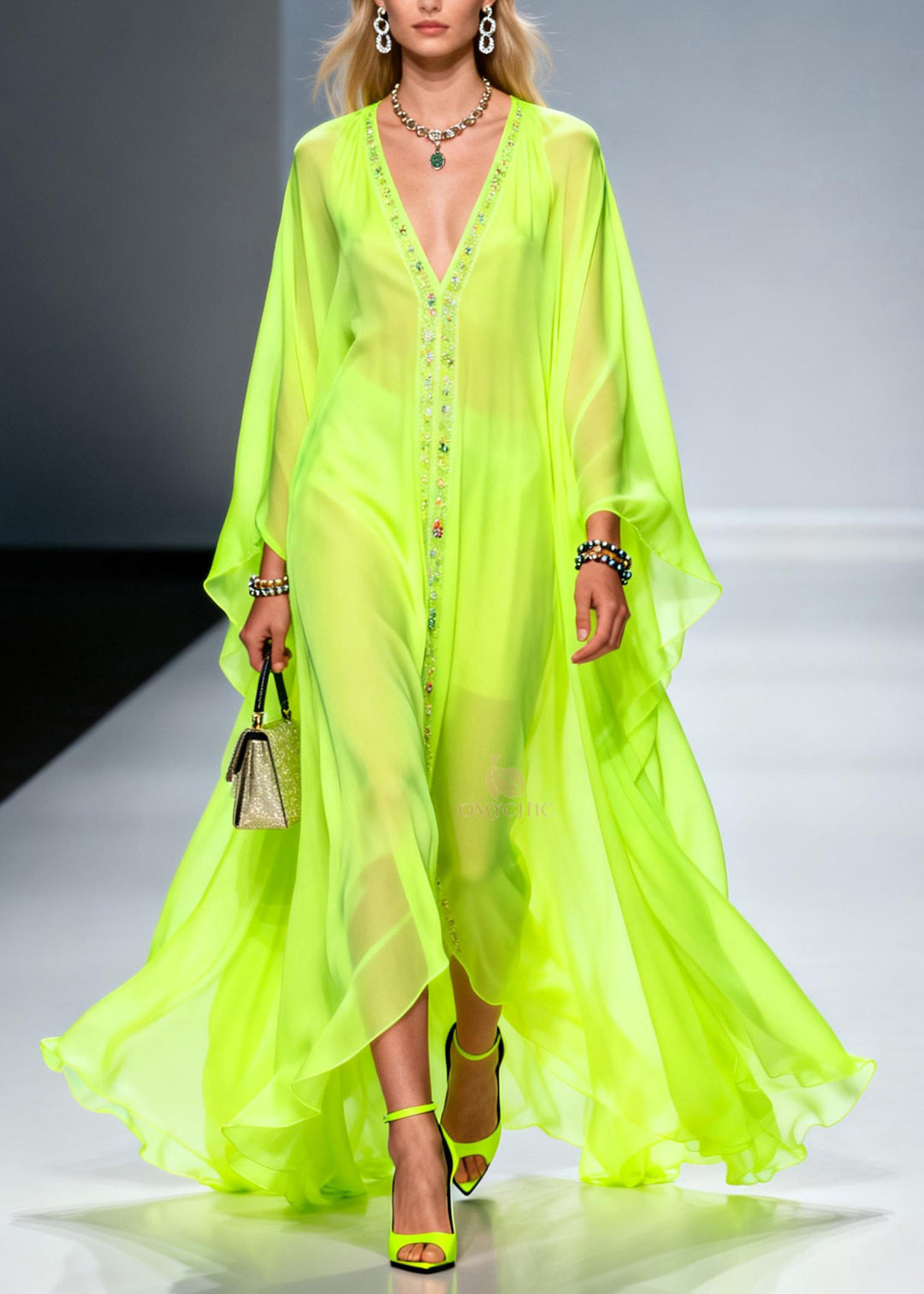 Handmade Fluorescent Green V Neck Zircon Chiffon Dress Spring
