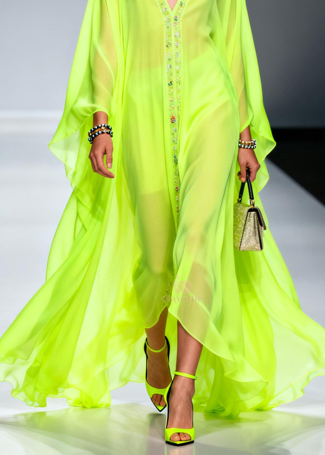 Handmade Fluorescent Green V Neck Zircon Chiffon Dress Spring