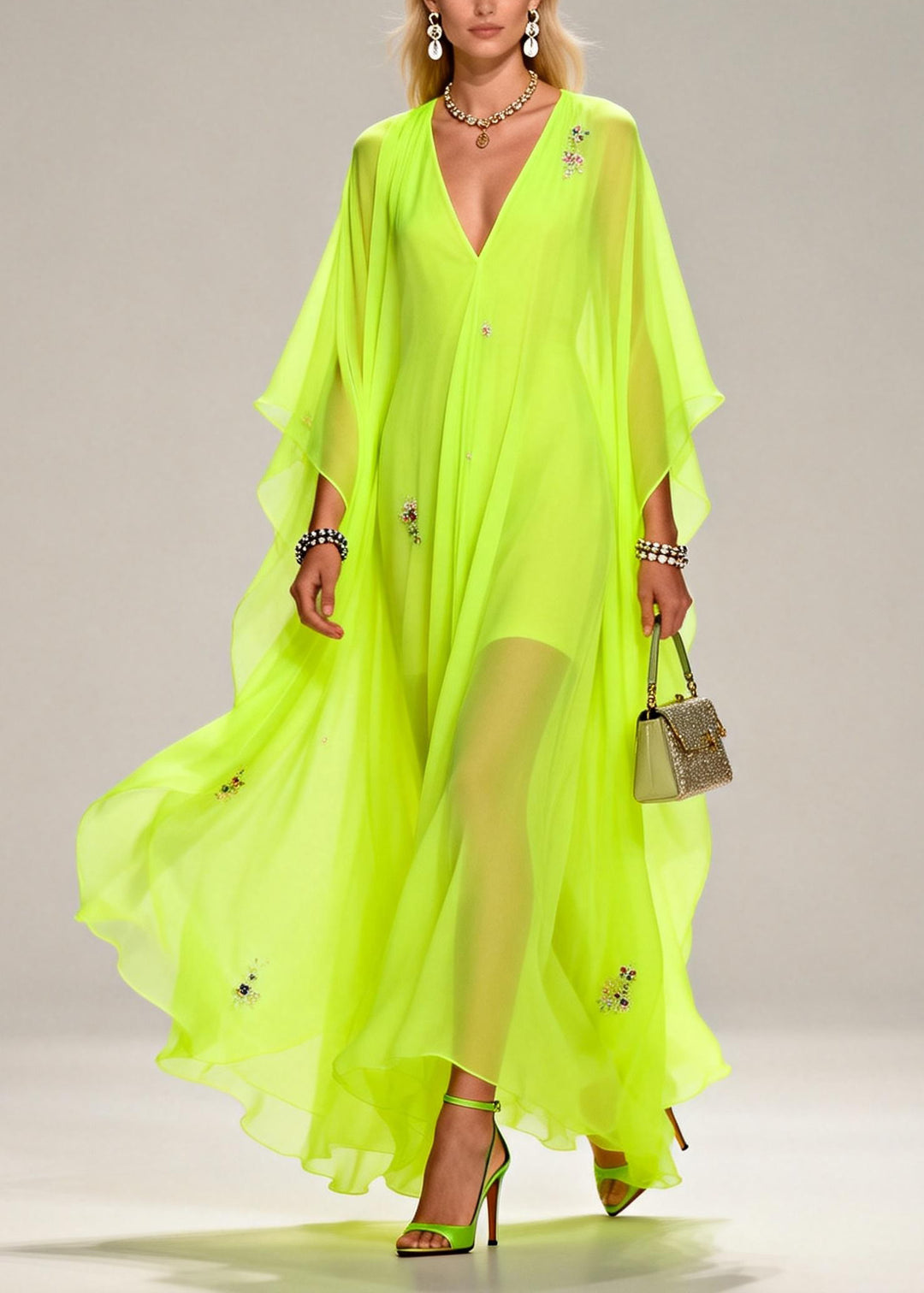 Handmade Fluorescent Green V Neck Zircon Chiffon Dresses Summer