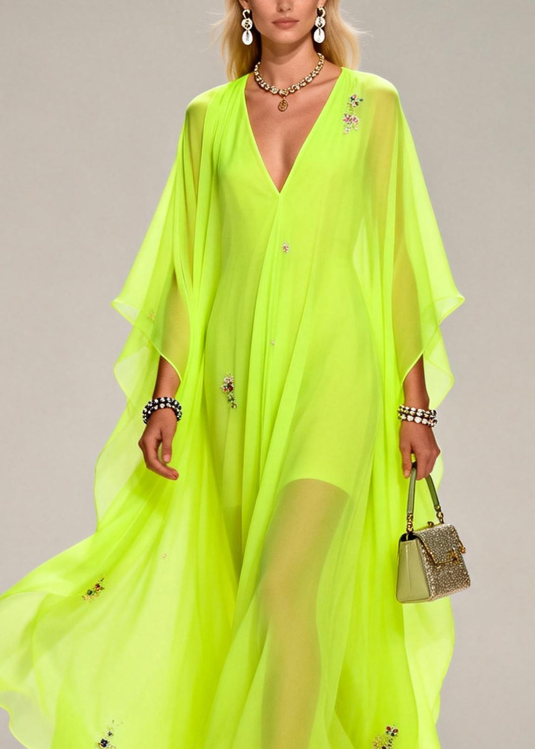 Handmade Fluorescent Green V Neck Zircon Chiffon Dresses Summer