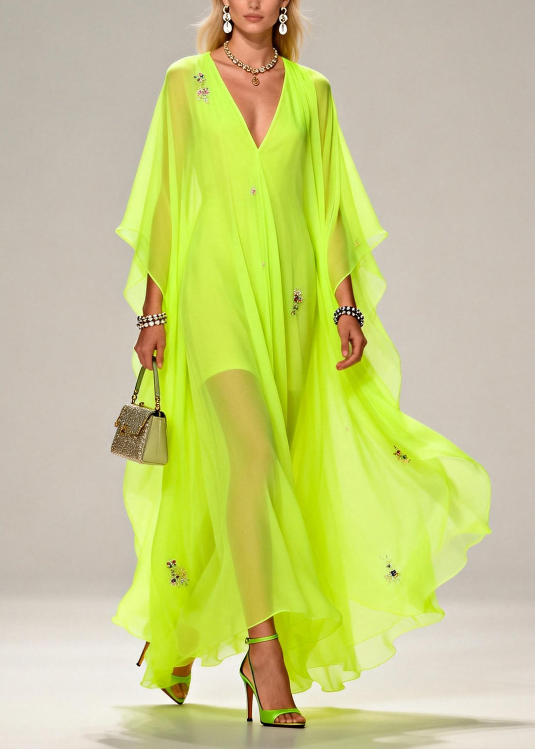 Handmade Fluorescent Green V Neck Zircon Chiffon Dresses Summer