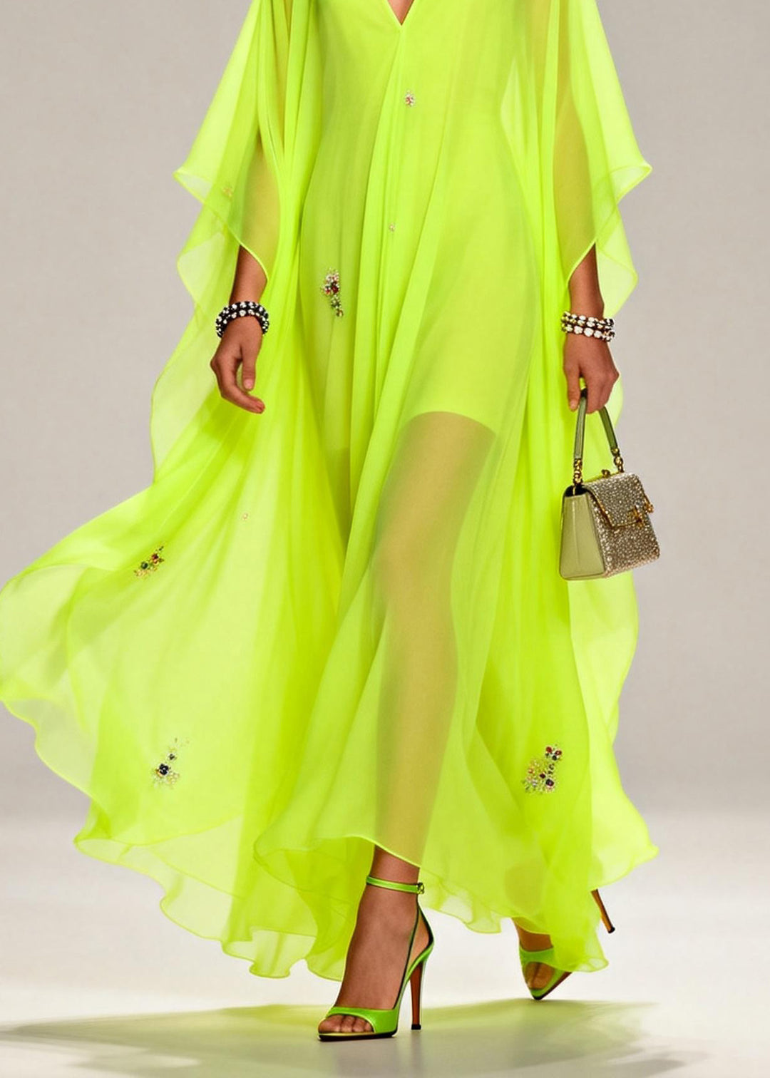 Handmade Fluorescent Green V Neck Zircon Chiffon Dresses Summer