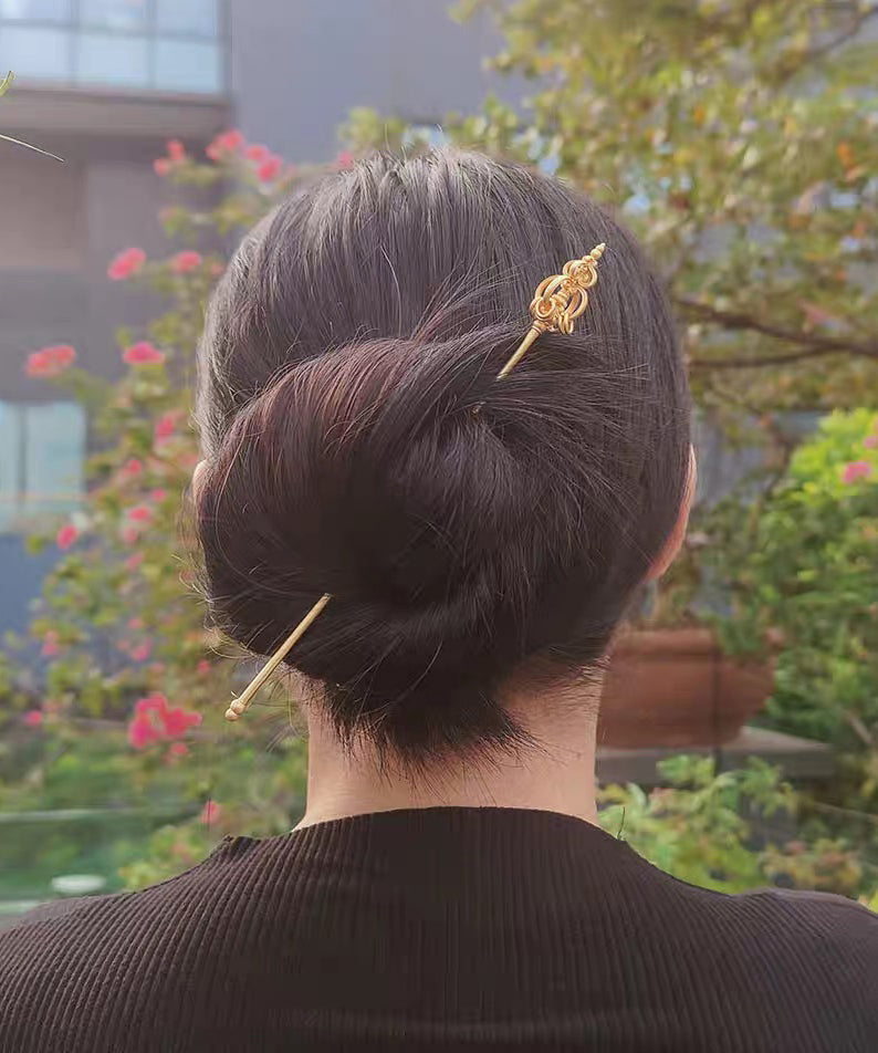 Handmade Gold Hollow Out Zen Staff Gold Plated Hairpin - Omychic
