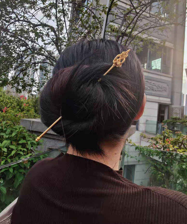 Handmade Gold Hollow Out Zen Staff Gold Plated Hairpin - Omychic