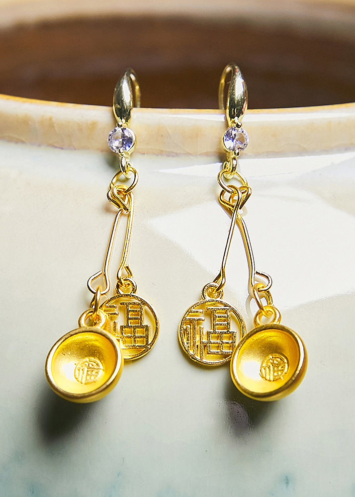 Handmade Golden Bowl And Fu Character 14K Gold Drop Earrings - Omychic