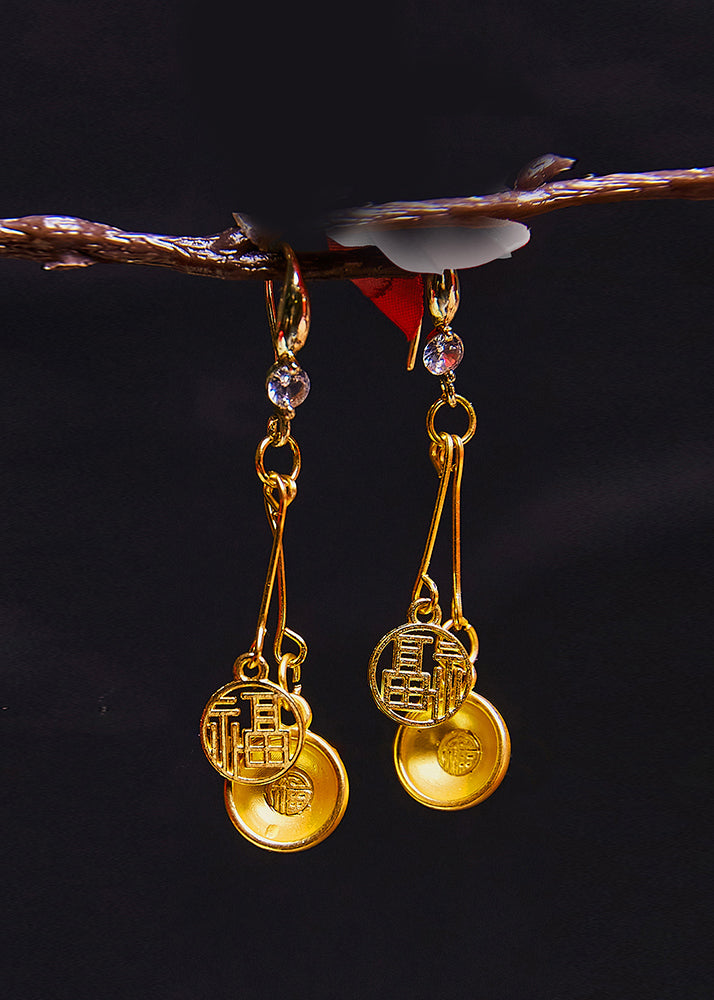 Handmade Golden Bowl And Fu Character 14K Gold Drop Earrings - Omychic