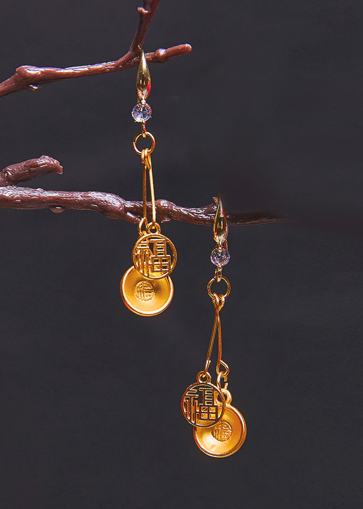Handmade Golden Bowl And Fu Character 14K Gold Drop Earrings - Omychic