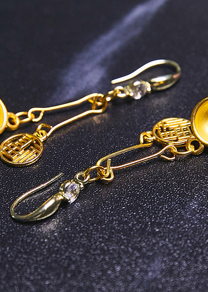 Handmade Golden Bowl And Fu Character 14K Gold Drop Earrings - Omychic