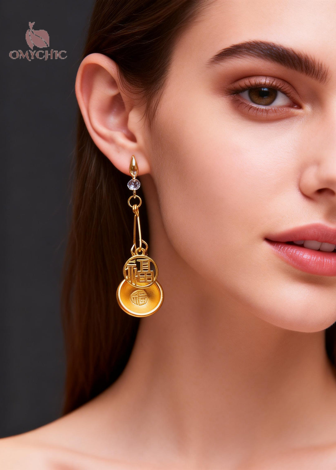 Handmade Golden Bowl And Fu Character Long Drop Earrings