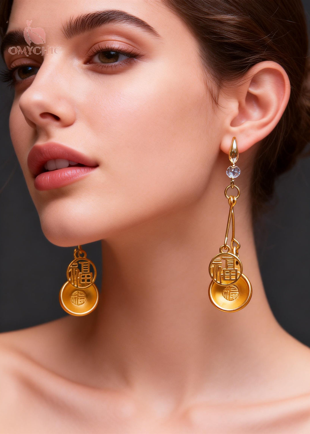 Handmade Golden Bowl And Fu Character Long Drop Earrings