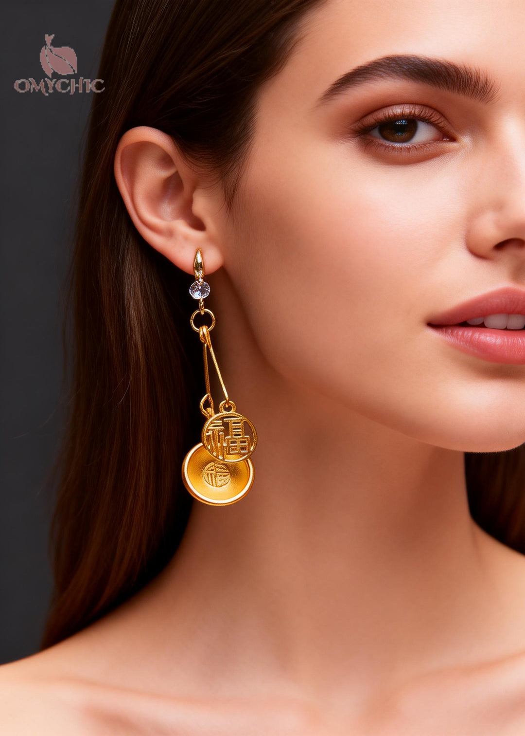 Handmade Golden Bowl And Fu Character Long Drop Earrings