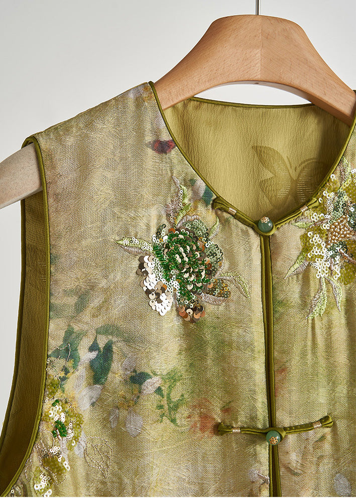 Handmade Grass Green Sequins Embroidered Silk Vests Fall