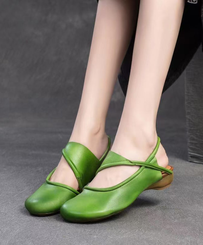 Handmade Green Cowhide Leather Splicing Hollow Out Walking Sandals