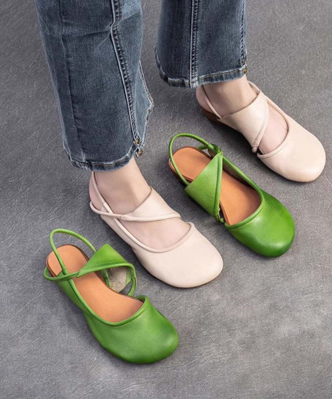 Handmade Green Cowhide Leather Splicing Hollow Out Walking Sandals
