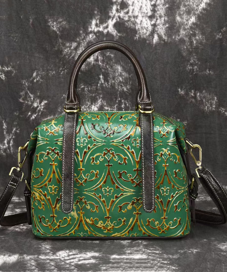Handmade Green Embossed Calf Leather Tote Handbag