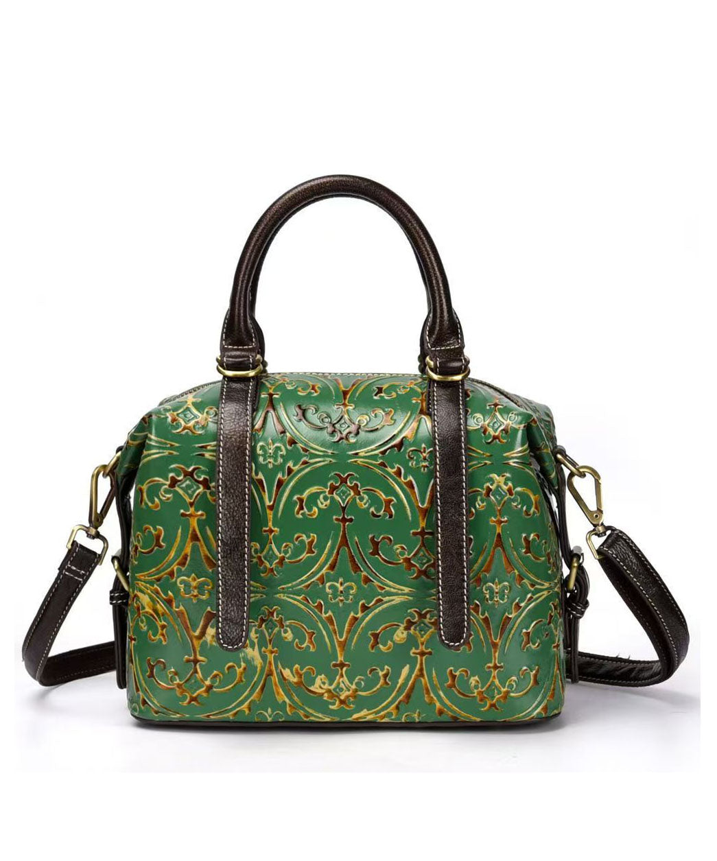 Handmade Green Embossed Calf Leather Tote Handbag