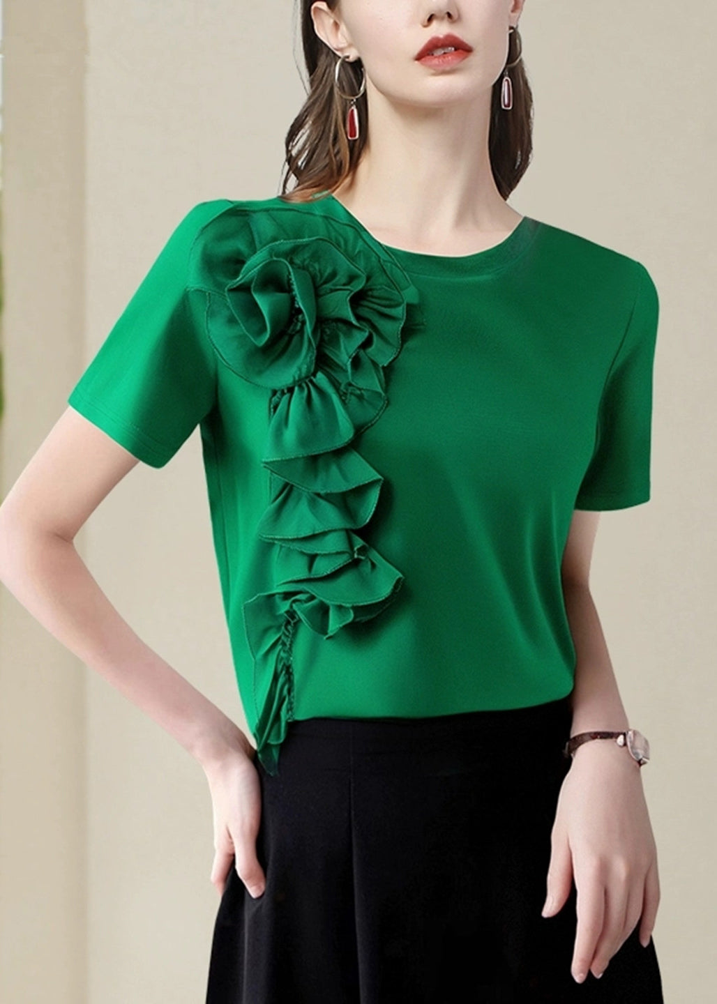 Handmade Green Floral Solid Shirts Short Sleeve