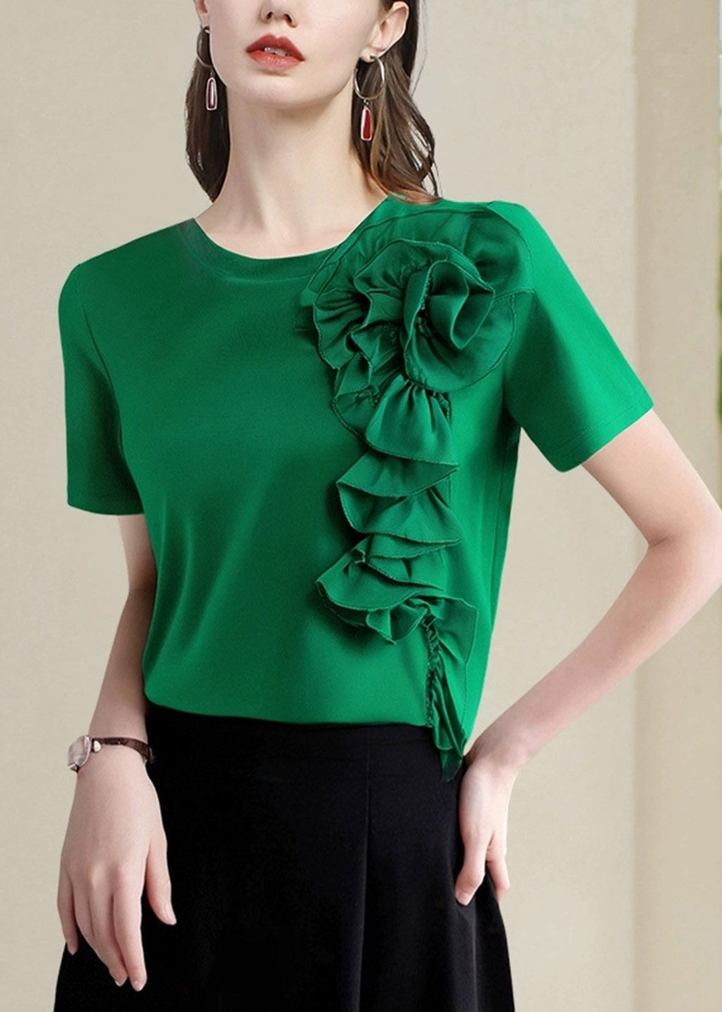 Handmade Green Floral Solid Shirts Short Sleeve