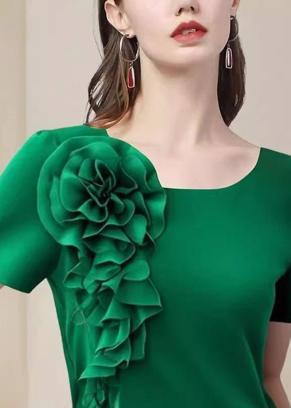 Handmade Green Floral Solid Shirts Short Sleeve