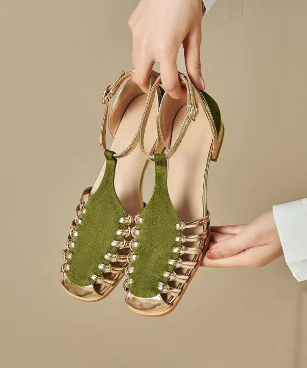 Handmade Green Hollow Out Splicing Walking Sandals - Omychic