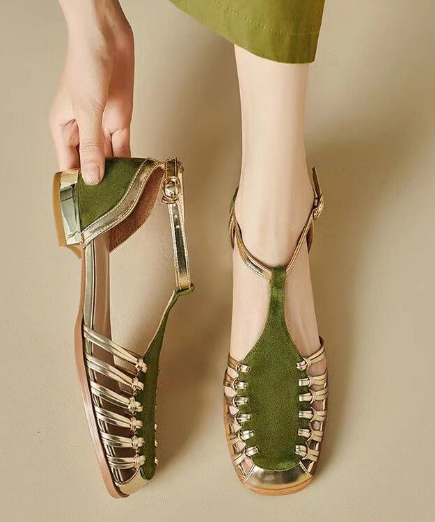 Handmade Green Hollow Out Splicing Walking Sandals - Omychic
