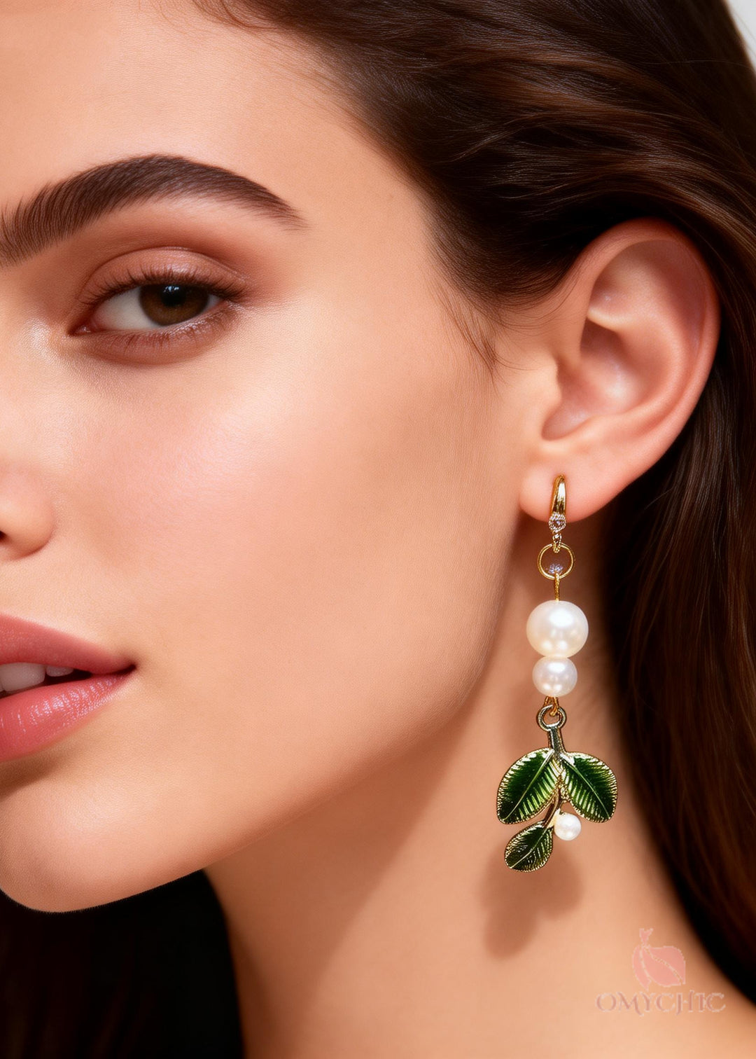 Handmade Green Leaf Pearl Zircon Drop Earrings