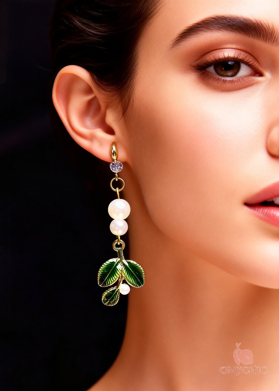 Handmade Green Leaf Pearl Zircon Drop Earrings