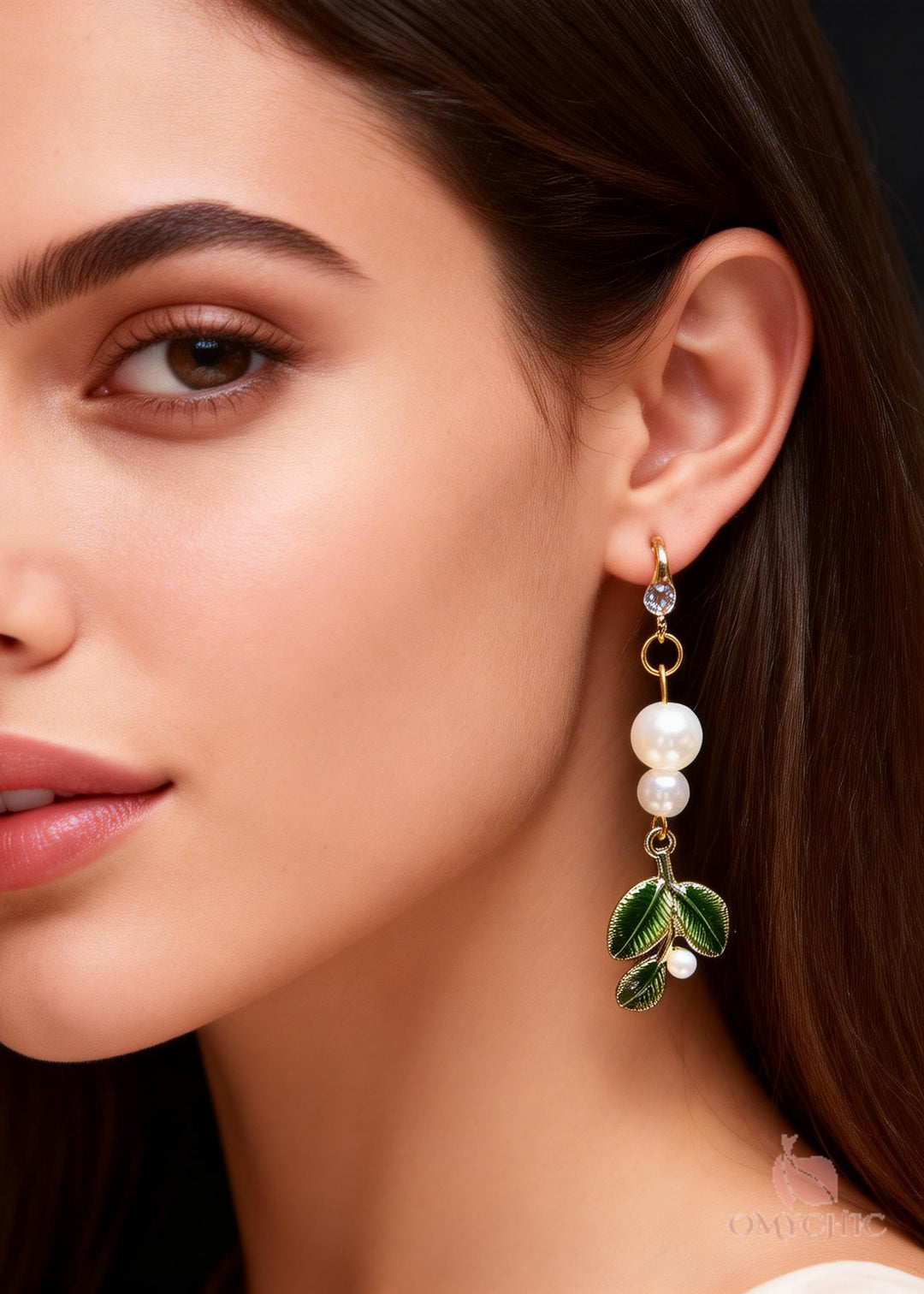 Handmade Green Leaf Pearl Zircon Drop Earrings