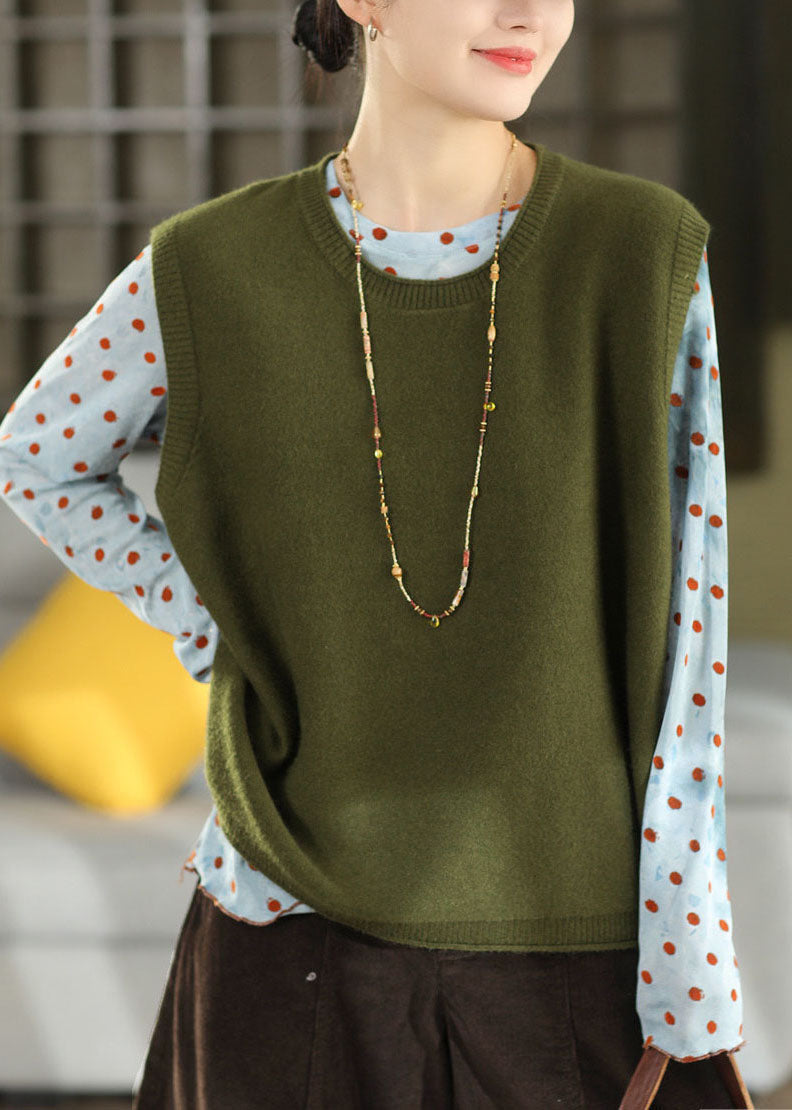 Handmade Green O-Neck Patchwork Cotton Knit Waistcoat Winter