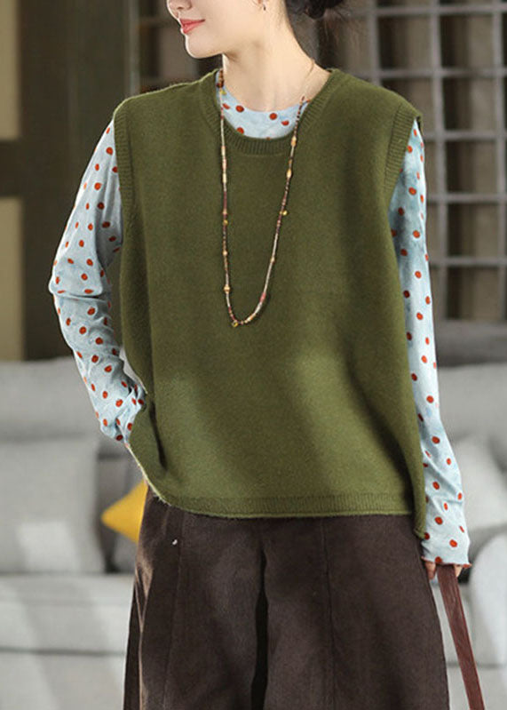 Handmade Green O-Neck Patchwork Cotton Knit Waistcoat Winter