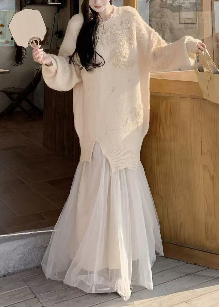 Handmade Green O Neck Patchwork Knit Sweater Dress Winter