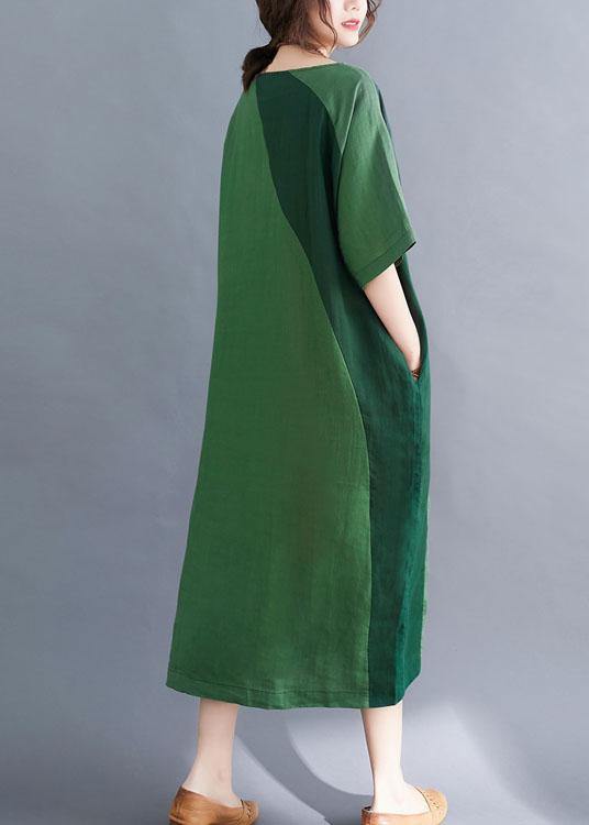 Handmade Green O-Neck Patchwork Summer Vacation Dresses Half Sleeve - SooLinen