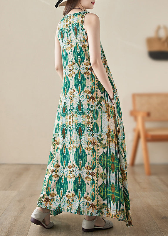 Handmade Green O-Neck Print Maxi Dresses Summer