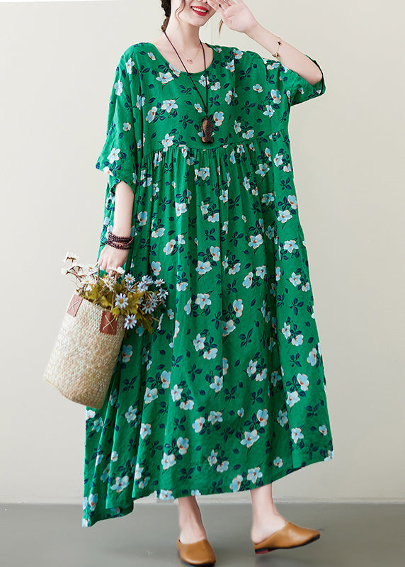 Handmade Green O-Neck Print Wrinkled Long Dress Summer