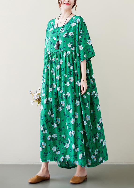 Handmade Green O-Neck Print Wrinkled Long Dress Summer