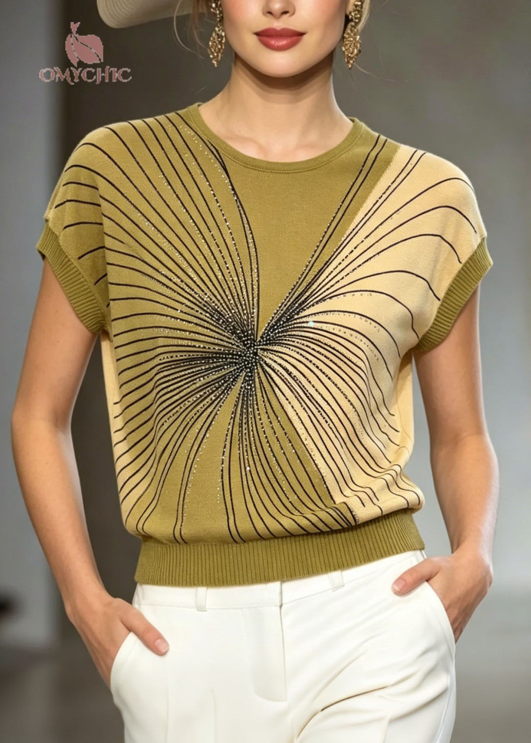 Handmade Green O Neck Zircon Ice Silk Knit Top Summer
