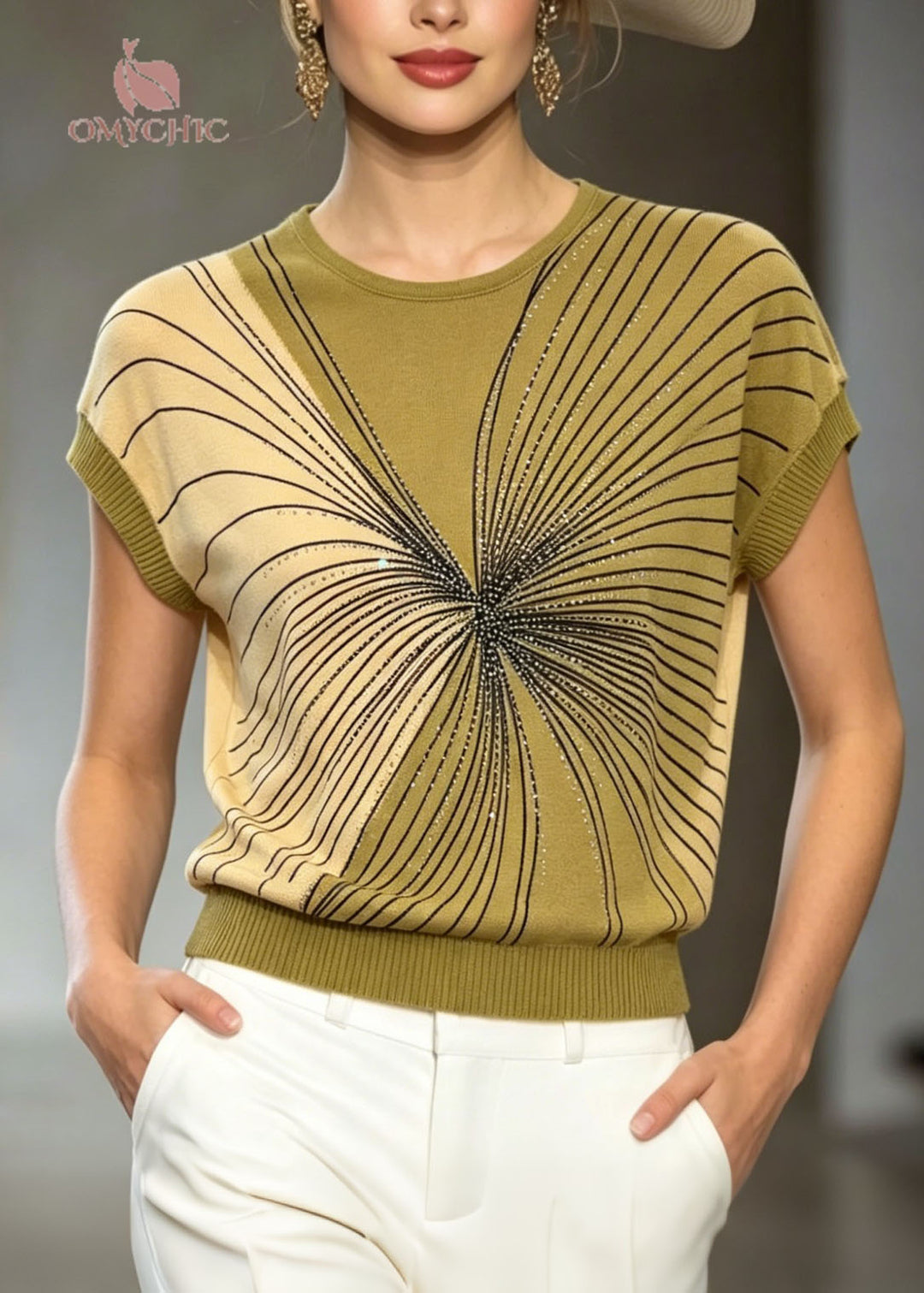 Handmade Green O Neck Zircon Ice Silk Knit Top Summer