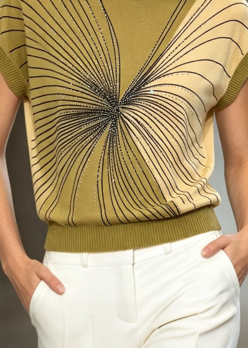Handmade Green O Neck Zircon Ice Silk Knit Top Summer