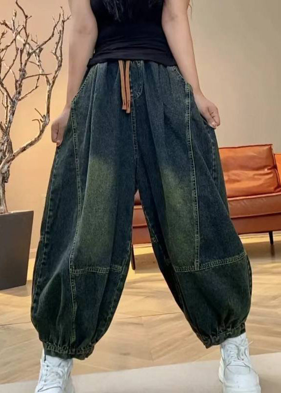 Handmade Green Pockets Patchwork Elastic Waist Lantern Pants Summer