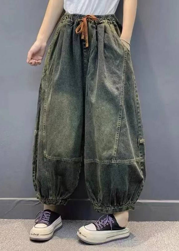 Handmade Green Pockets Patchwork Elastic Waist Lantern Pants Summer