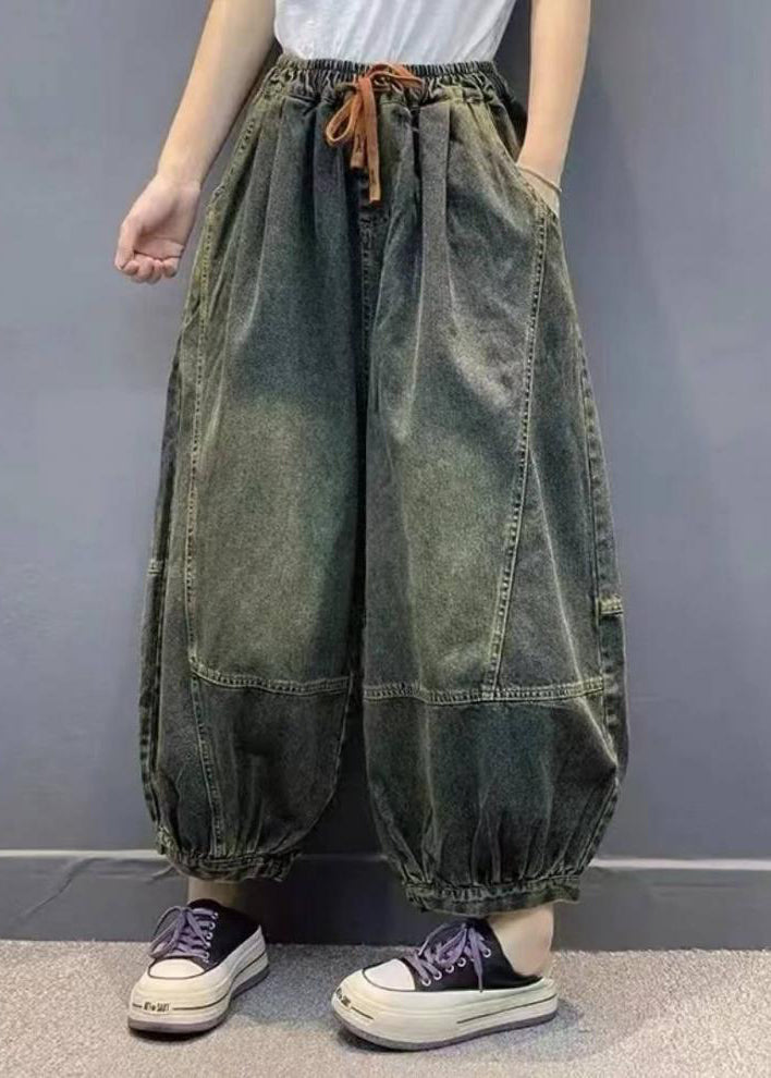 Handmade Green Pockets Patchwork Elastic Waist Lantern Pants Summer