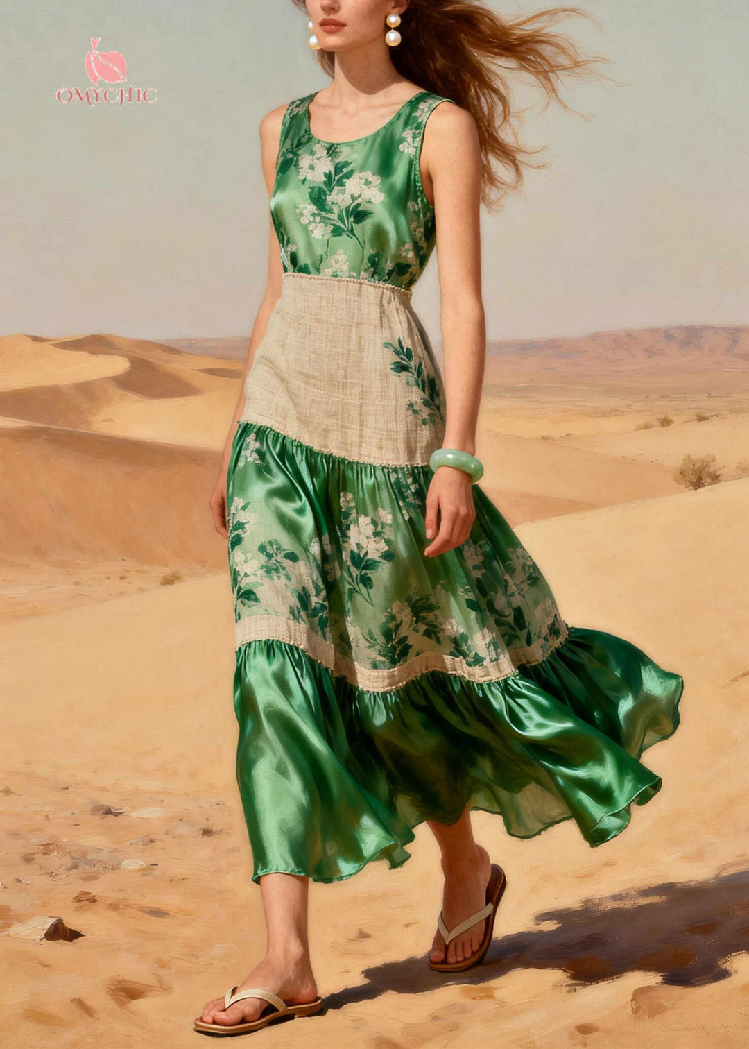 Handmade Green Print Patchwork Linen Silk Party Dress Summer